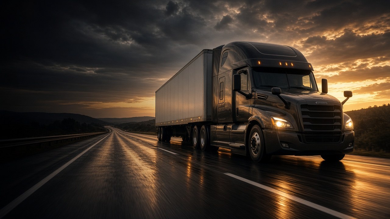 Semi truck on an American highway at dusk